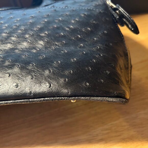 Womens Bloomingdale's Black Ostrich Embossed Satchel Shoulder Tote Handbag - Picture 14 of 16